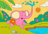 Elephant baby splashing water, colorful animal illustration for kids