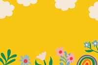 Colorful flower background, cute yellow border, nature doodle in retro design