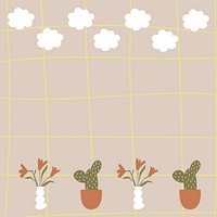 Cute grid frame background, plant doodle in earth tone design vector