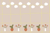Cute grid frame background, plant doodle in earth tone design vector