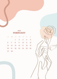 Rose & hand February monthly editable calendar background