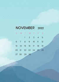 Mountain November monthly printable calendar 