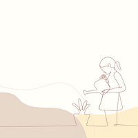 Minimal feminine background, cream simple design, girl watering plant illustration