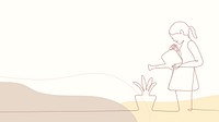 Feminine desktop wallpaper, beige simple background design, girl watering plant illustration vector