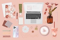 Beauty blogger essentials sticker, pink feminine illustration vector set