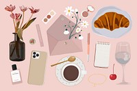 Feminine aesthetic clipart, pink essentials illustration vector set