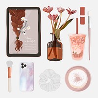 Beauty blogger essentials sticker, pink feminine illustration vector set