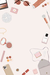 Aesthetic frame background, feminine makeup products in pink vector