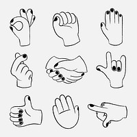 Hand gestures sticker set, black and white doodle vector