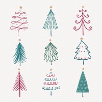 Christmas doodle sticker, cute tree and animal illustration in red and green vector set