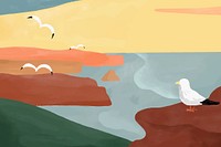 Seaside white birds, colorful background watercolor vector
