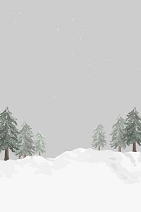 Winter background, snowy forest, gray sky, design space psd