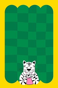 Green checkered frame background, tiger doodle psd