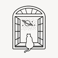 Cat doodle collage element, galaxy window illustration psd