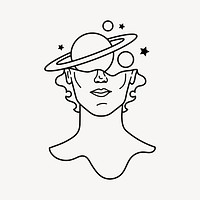 Surreal head collage element, Saturn doodle illustration psd