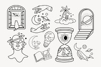Celestial doodle collage element set, magical illustration psd