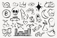 Cute doodle sticker, aesthetic cartoon illustrations set psd