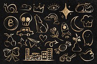 Cute doodle sticker, gold glitter cartoon illustration set psd