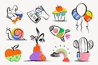 Cute doodle sticker, colorful aesthetic illustrations set psd