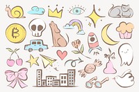 Cute doodle sticker, pastel cartoon illustrations set psd