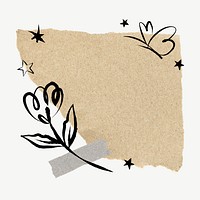 Aesthetic ripped paper frame, flower doodle vector