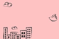 Pink buildings background, doodle border psd