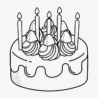 Birthday cake doodle clipart, cute black & white illustration psd