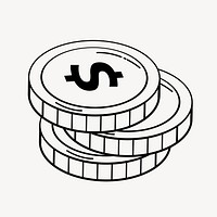 Dollar coins doodle clipart, cute black & white illustration psd
