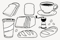 Food & drink doodle collage element, cute black & white illustration vector