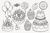 Birthday doodle clipart, cute black & white illustration set psd