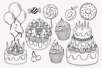 Birthday doodle collage element, cute black & white illustration vector