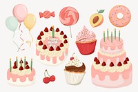 Birthday clipart, cute cartoon cartoon illustration set psd