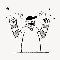 Happy man cheering, marketing doodle in black vector