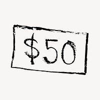 $50 dollar bill sticker, money doodle in black vector