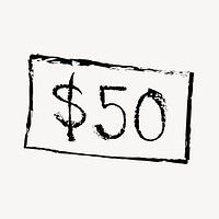 $50 dollar bill sticker, money doodle in black psd