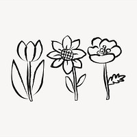 Blooming flowers sticker, doodle in black psd