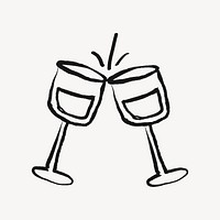 Clinking wine glasses sticker, alcoholic drinks doodle in black vector