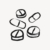 Medicine, pills sticker, cute doodle in black vector