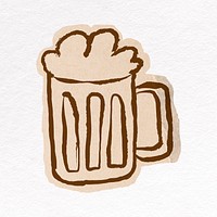Beer glass doodle sticker, ripped paper design psd