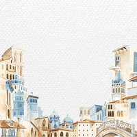 Border vector with architectural Mediterranean buildings in watercolor on white paper textured background