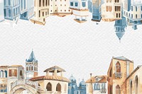 Frame vector with architectural Mediterranean buildings in watercolor on white paper textured background