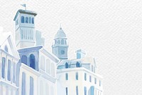 Border vector with architectural Mediterranean buildings in watercolor on white paper textured background