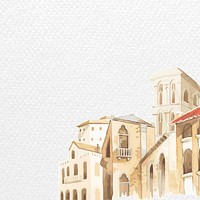 Border vector with architectural Mediterranean buildings in watercolor on white paper textured background