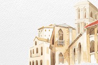 Border vector with architectural Mediterranean buildings in watercolor on white paper textured background