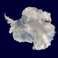 Antarctica. An orthographic projection of NASA's Blue Marble data set (1 km resolution global satellite composite).  Original public domain image from Wikimedia Commons
