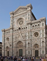 The façade of Santa Maria del Fiore, the Florence Cathedral. Annotations for the three mosaics tympanums. Original public domain image from <a href="https://commons.wikimedia.org/wiki/File:Fa%C3%A7ade_cath%C3%A9drale_Florence.jpg" target="_blank" rel="noopener noreferrer nofollow">Wikimedia Commons</a>