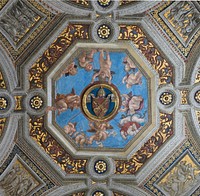 Ceiling of the Stanza della Segnatura in the Raphaëls rooms. Detail of the keystone, paintings by Raphaël. Vatican City. Original public domain image from Wikimedia Commons