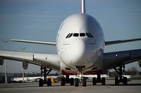 Emirates A380 in Munich Airport. Original public domain image from Wikimedia Commons