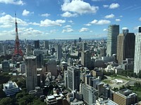 Cityscape near Tokyo Tower, Arkhills Sengokuyama Mori Tower, and Shiroyama Trust Tower in Minato-ku, view from Toranomon Hills Mori Tower.