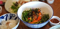 Healthy rice bowl with vegetables. Original public domain image from Wikimedia Commons